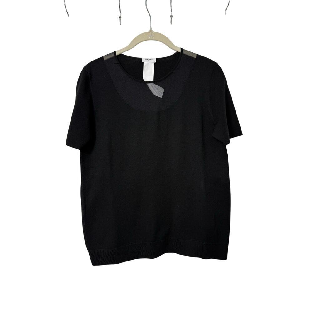 Akris Punto Black Knit Short Sleeve Top W/ Sheer Neckline Sz 8 Wool Blend